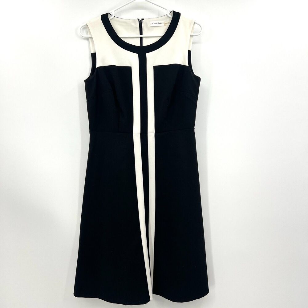 Calvin Klein Black White Colorblock Sleeveless Fit Flare Dress Size 8 Career